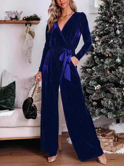 Solid Color Long Sleeves Velvet Belted Wide Leg Jumpsuits