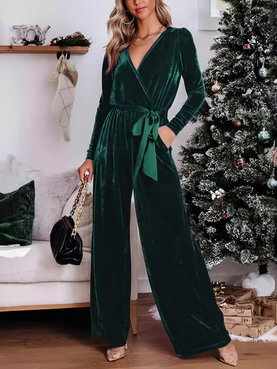 Solid Color Long Sleeves Velvet Belted Wide Leg Jumpsuits