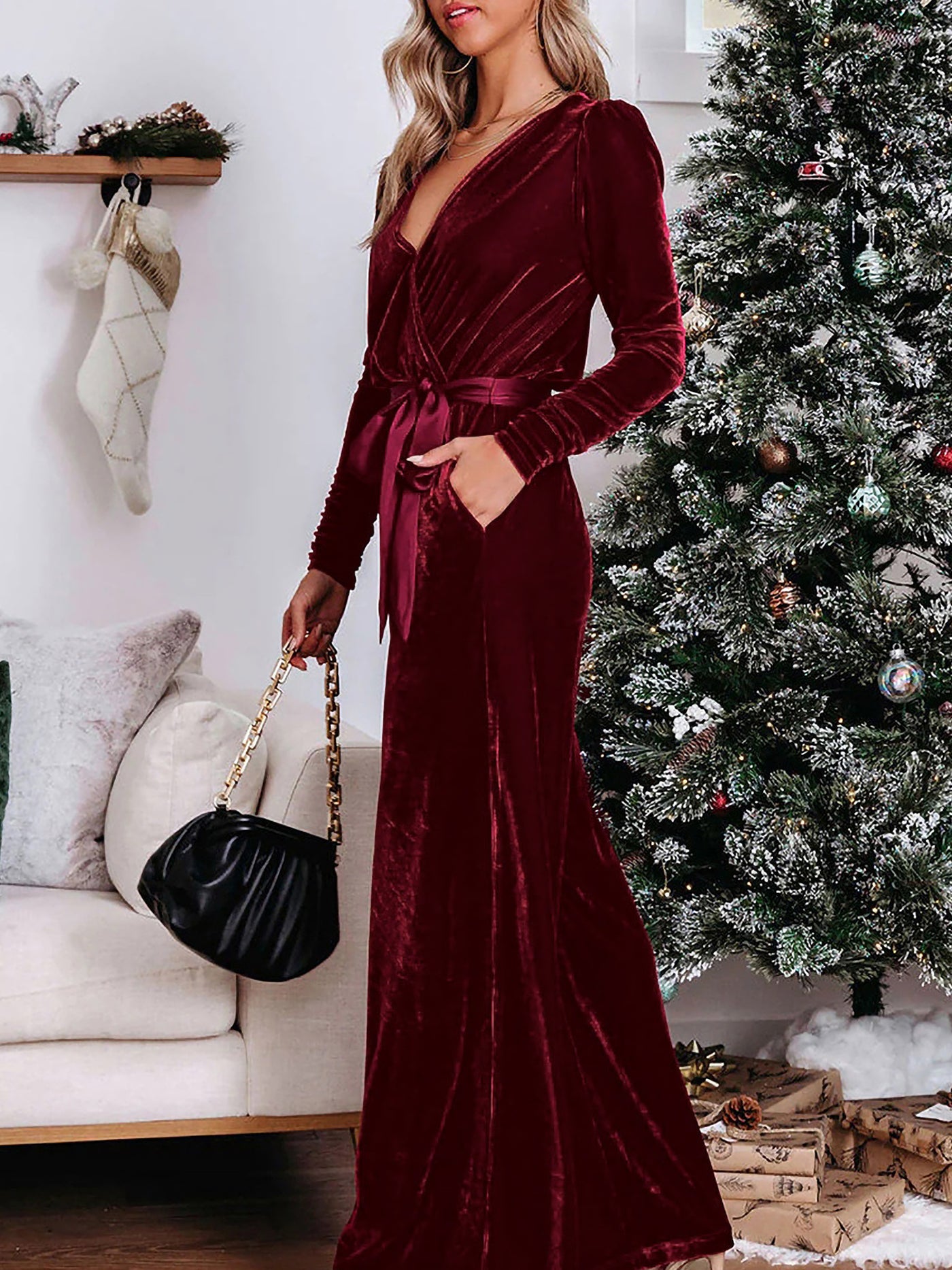 Allegra K Solid Color Long Sleeves Velvet Belted Wide Leg Jumpsuits