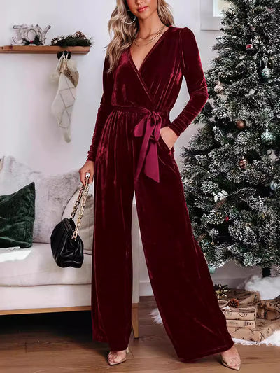 Allegra K Solid Color Long Sleeves Velvet Belted Wide Leg Jumpsuits