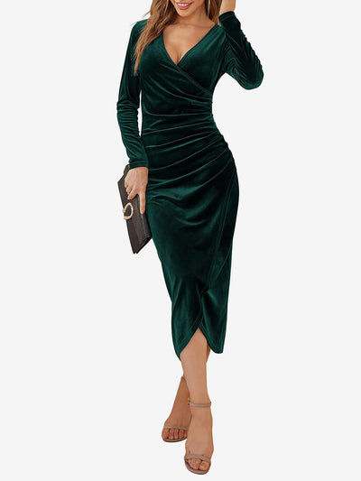 Solid Color Velvet Ruched Cocktail Midi Bodycon Dress