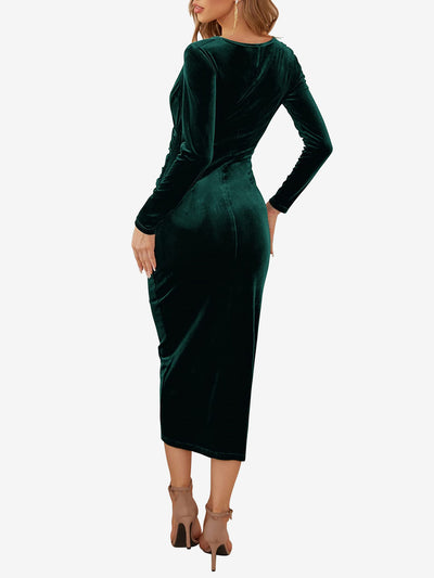 Solid Color Velvet Ruched Cocktail Midi Bodycon Dress