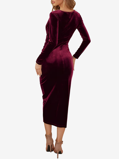 Solid Color Velvet Ruched Cocktail Midi Bodycon Dress