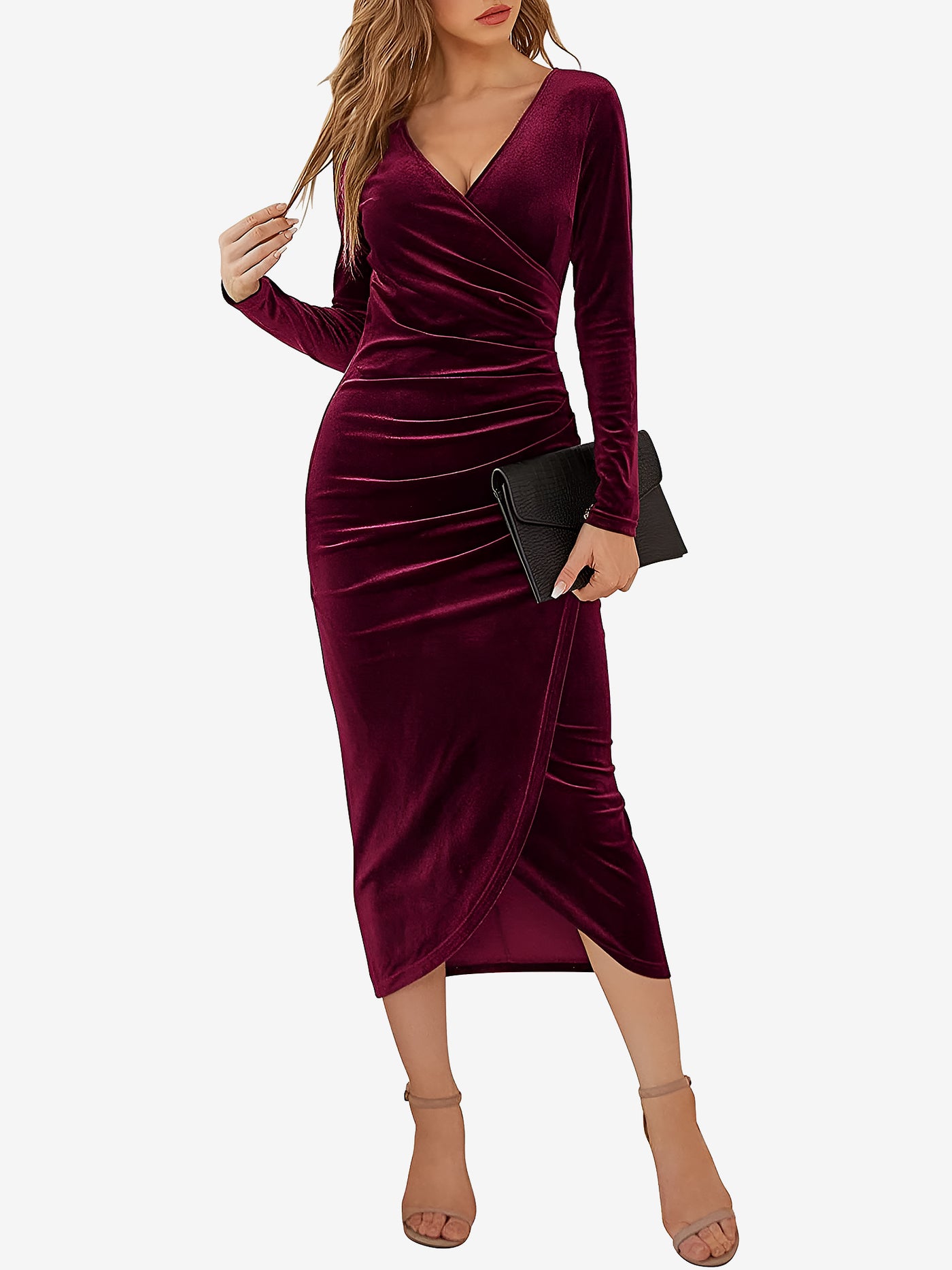 Allegra K Solid Color Velvet Ruched Cocktail Midi Bodycon Dress