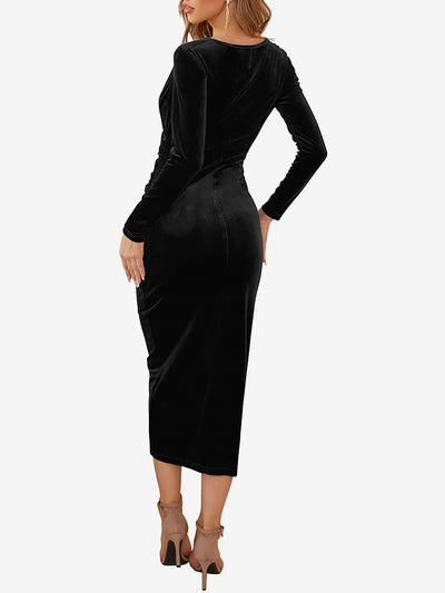 Solid Color Velvet Ruched Cocktail Midi Bodycon Dress