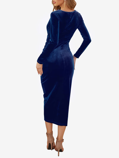 Solid Color Velvet Ruched Cocktail Midi Bodycon Dress