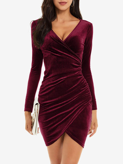 Solid Color Velvet V Neck Ruched Bodycon Mini Dress