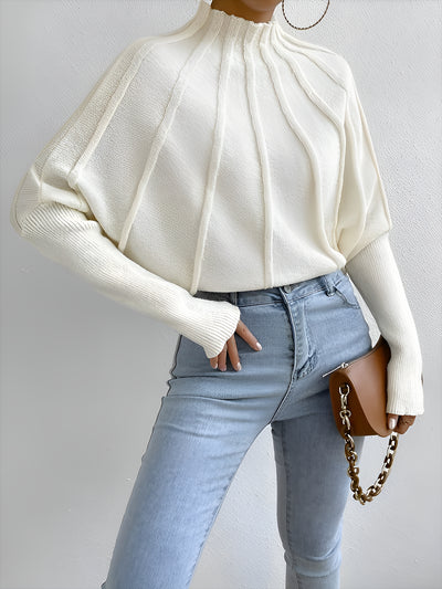 Mock Neck Ribbed Knit Pullover Bat Sleeves Sweater