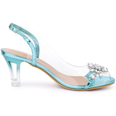 Clear Slingback Flower Rhinestone Peep Toe Heel Sandals