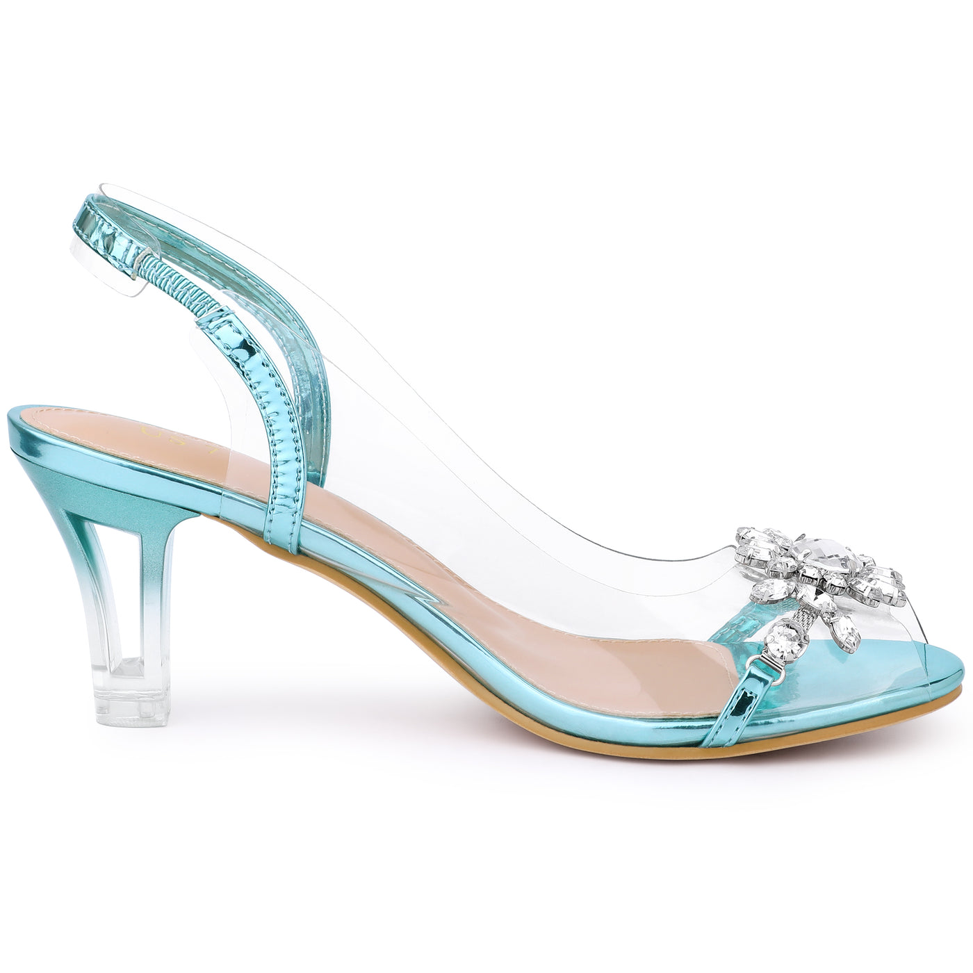 Allegra K Clear Slingback Flower Rhinestone Peep Toe Heel Sandals