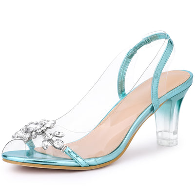 Clear Slingback Flower Rhinestone Peep Toe Heel Sandals