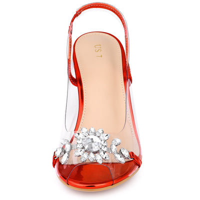 Clear Slingback Flower Rhinestone Peep Toe Heel Sandals