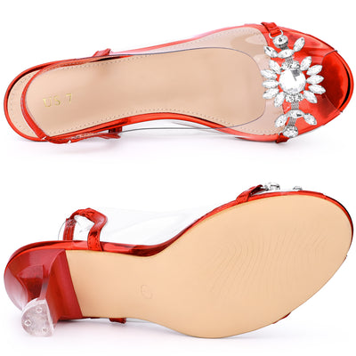 Clear Slingback Flower Rhinestone Peep Toe Heel Sandals