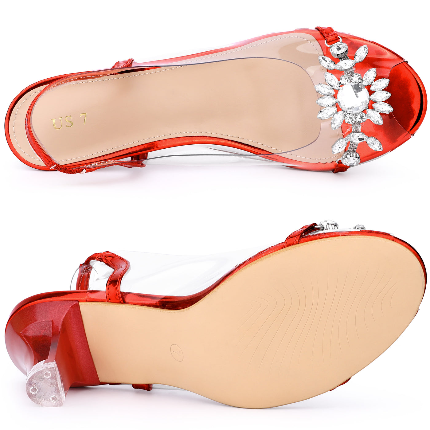 Allegra K Clear Slingback Flower Rhinestone Peep Toe Heel Sandals