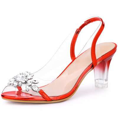 Clear Slingback Flower Rhinestone Peep Toe Heel Sandals