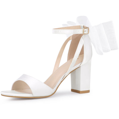 Women's Mesh Bow Ankle Strap Open Toe Chunky Heel Sandals