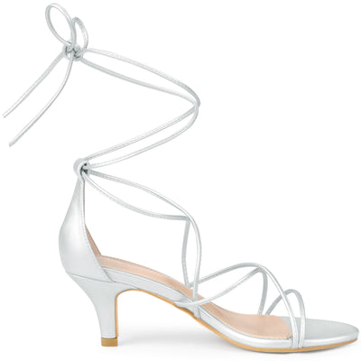 Synthetic Leather Strappy Kitten Heel Lace Up Sandals