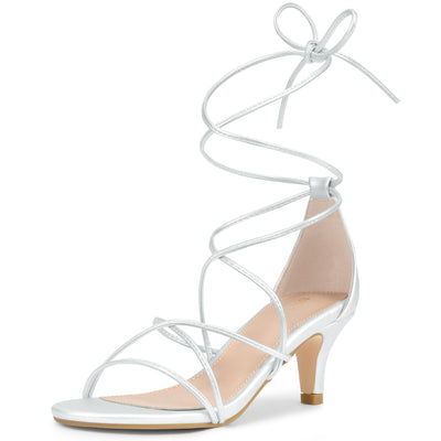 Synthetic Leather Strappy Kitten Heel Lace Up Sandals