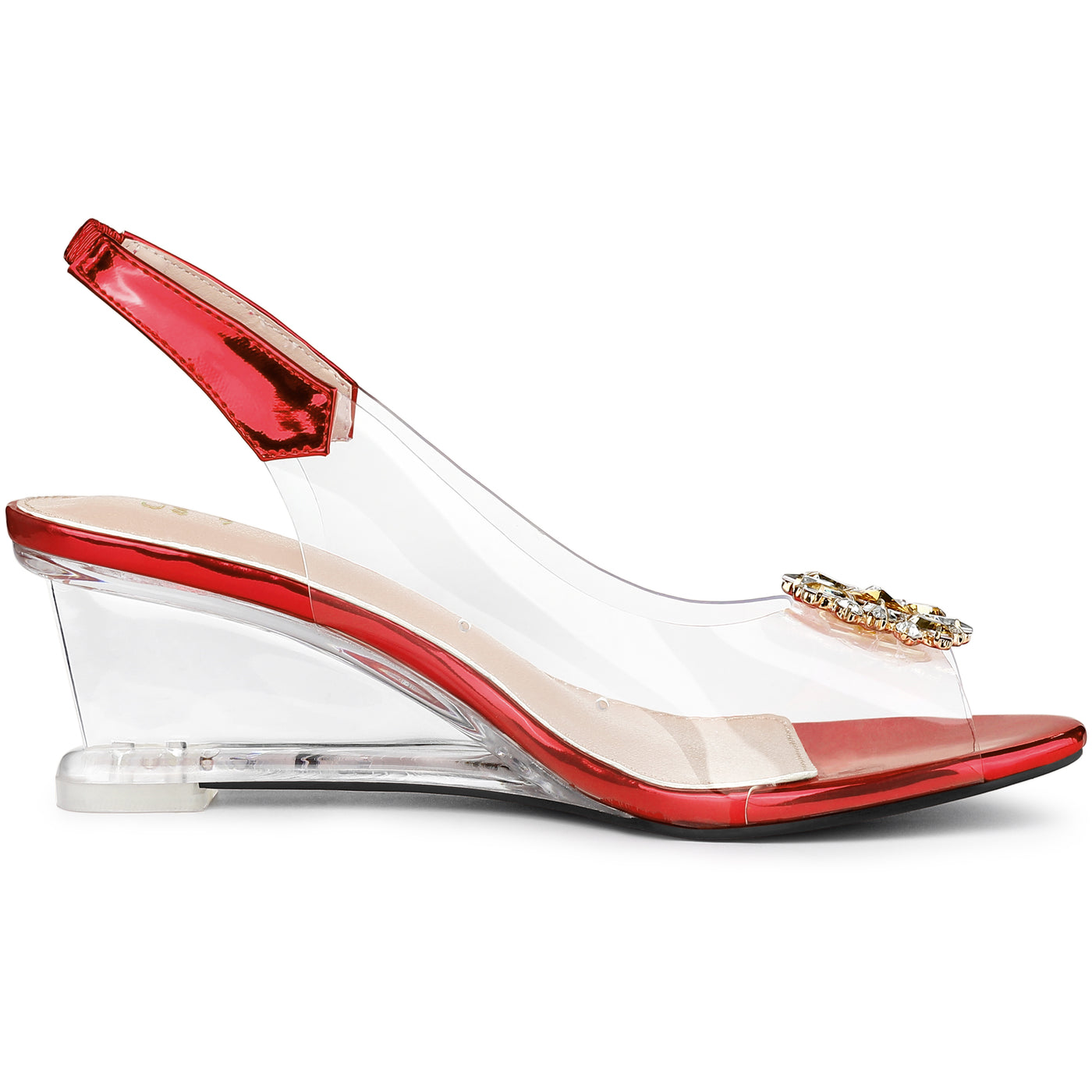 Allegra K Clear Slingback Wedges Rhinestone Transparent Peep Toe Heel