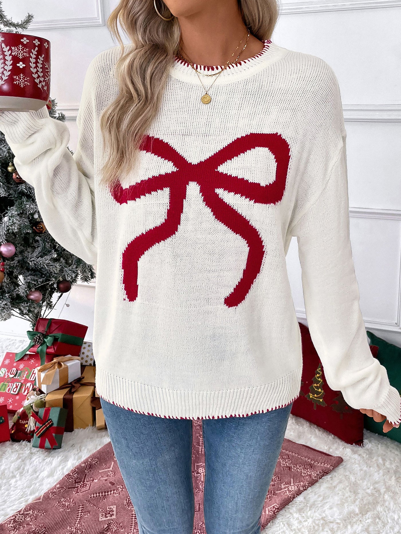 Allegra K Loose Long Sleeve Round Neck Christmas Bow Sweater