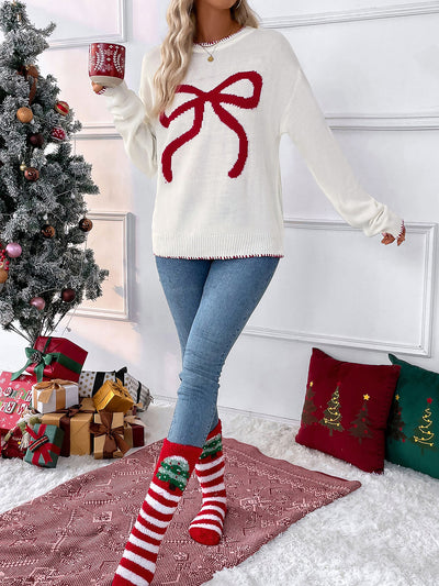 Loose Long Sleeve Round Neck Christmas Bow Sweater