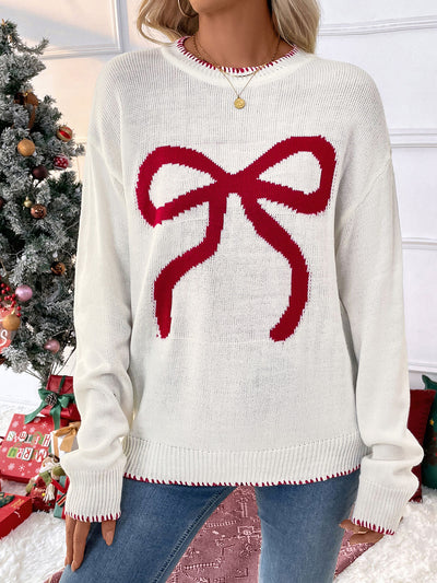 Loose Long Sleeve Round Neck Christmas Bow Sweater