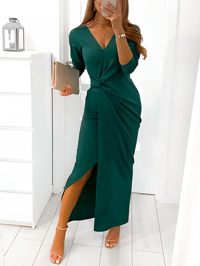 Allegra K V Neck Long Sleeves Ruched Slit Bodycon Maxi Dress