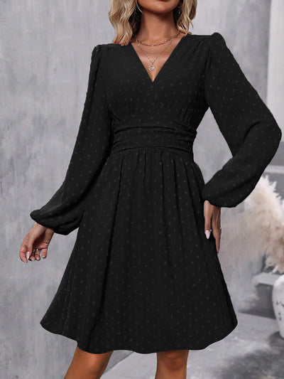 Swiss Dots Lantern Long Sleeve Midi A-Line Dress