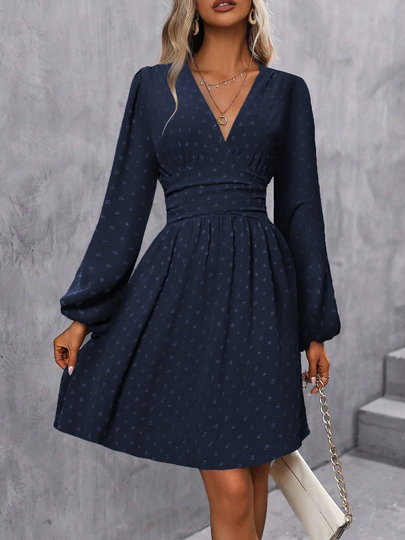 Allegra K Swiss Dots Lantern Long Sleeve Midi A-Line Dress