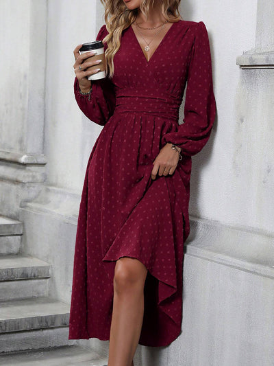 Allegra K V Neck Swiss Dots Lantern Long Sleeve Midi Dress