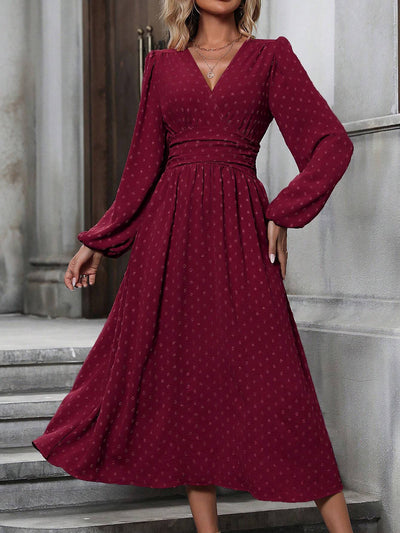 V Neck Swiss Dots Lantern Long Sleeve Midi Dress