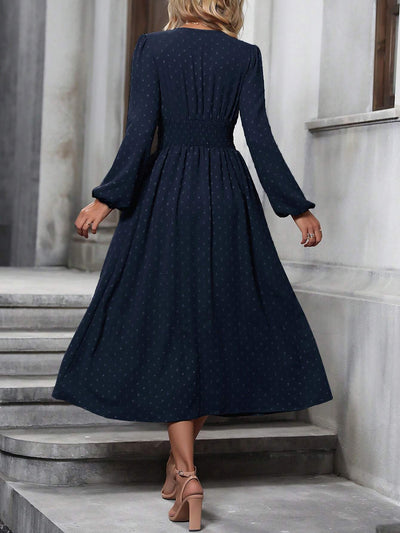 V Neck Swiss Dots Lantern Long Sleeve Midi Dress