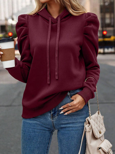 Solid Color Ruched Puff Long Sleeves Hoodies