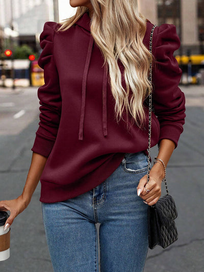 Solid Color Ruched Puff Long Sleeves Hoodies