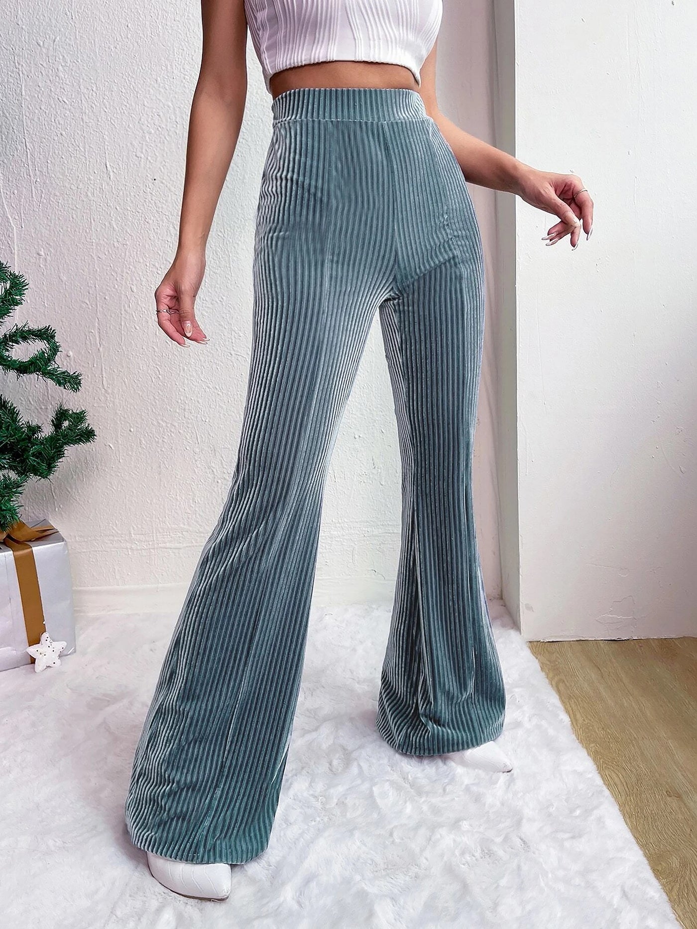 Allegra K Corduroy Solid Color Casual Bell-Bottoms Trousers Pants