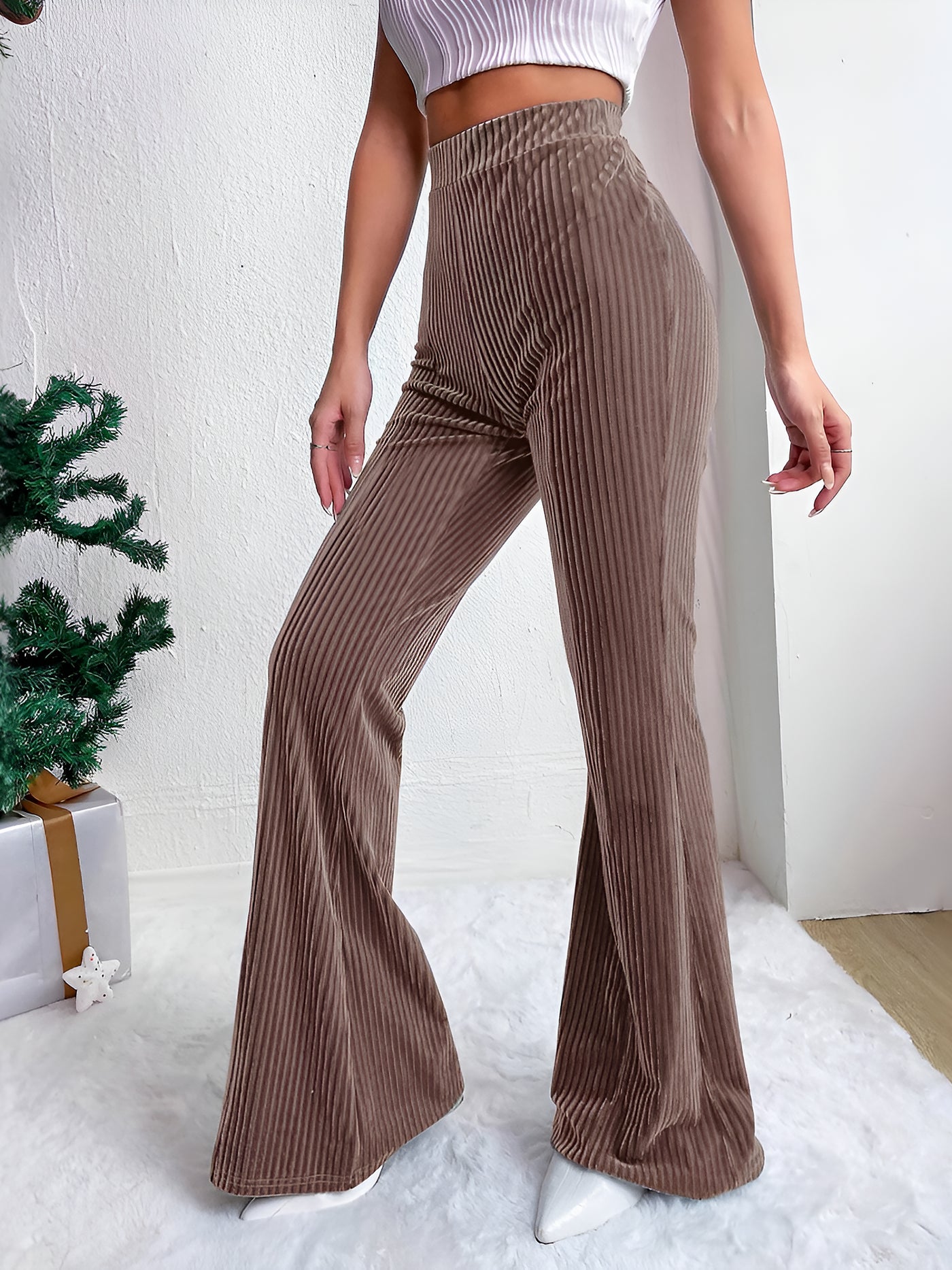 Allegra K Corduroy Solid Color Casual Bell-Bottoms Trousers Pants