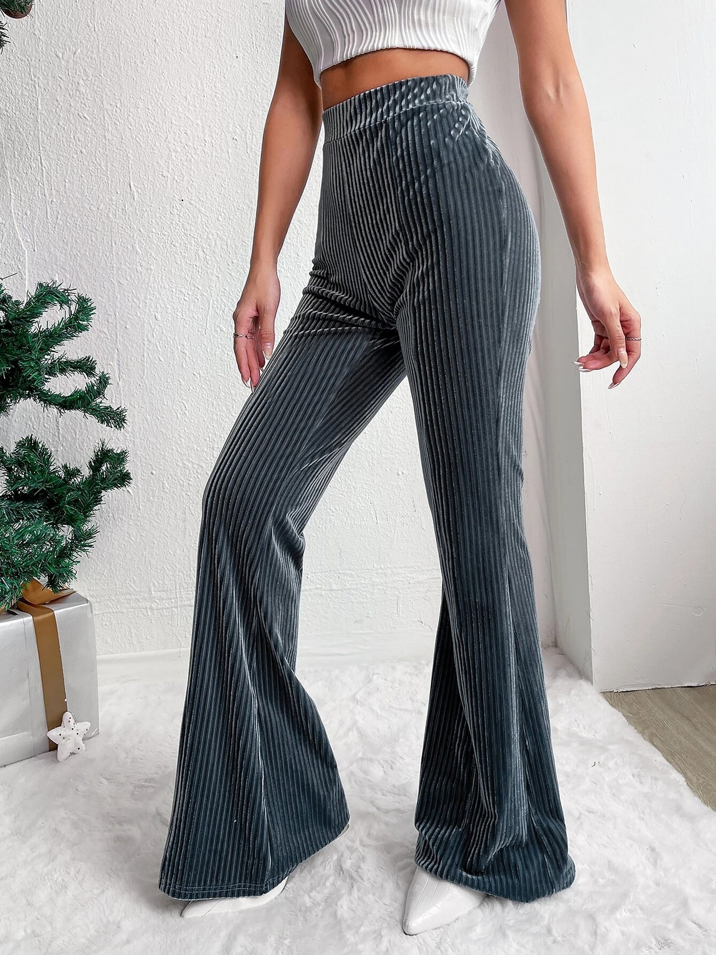 Allegra K Corduroy Solid Color Casual Bell-Bottoms Trousers Pants