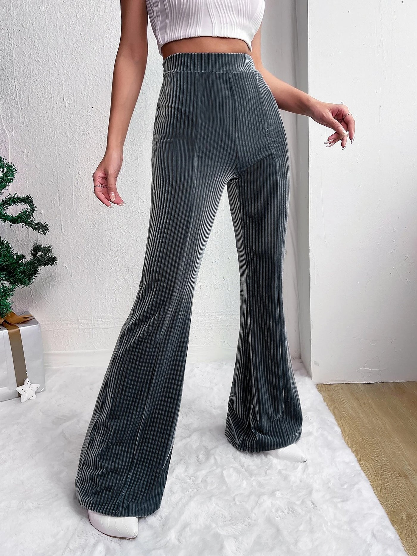 Allegra K Corduroy Solid Color Casual Bell-Bottoms Trousers Pants