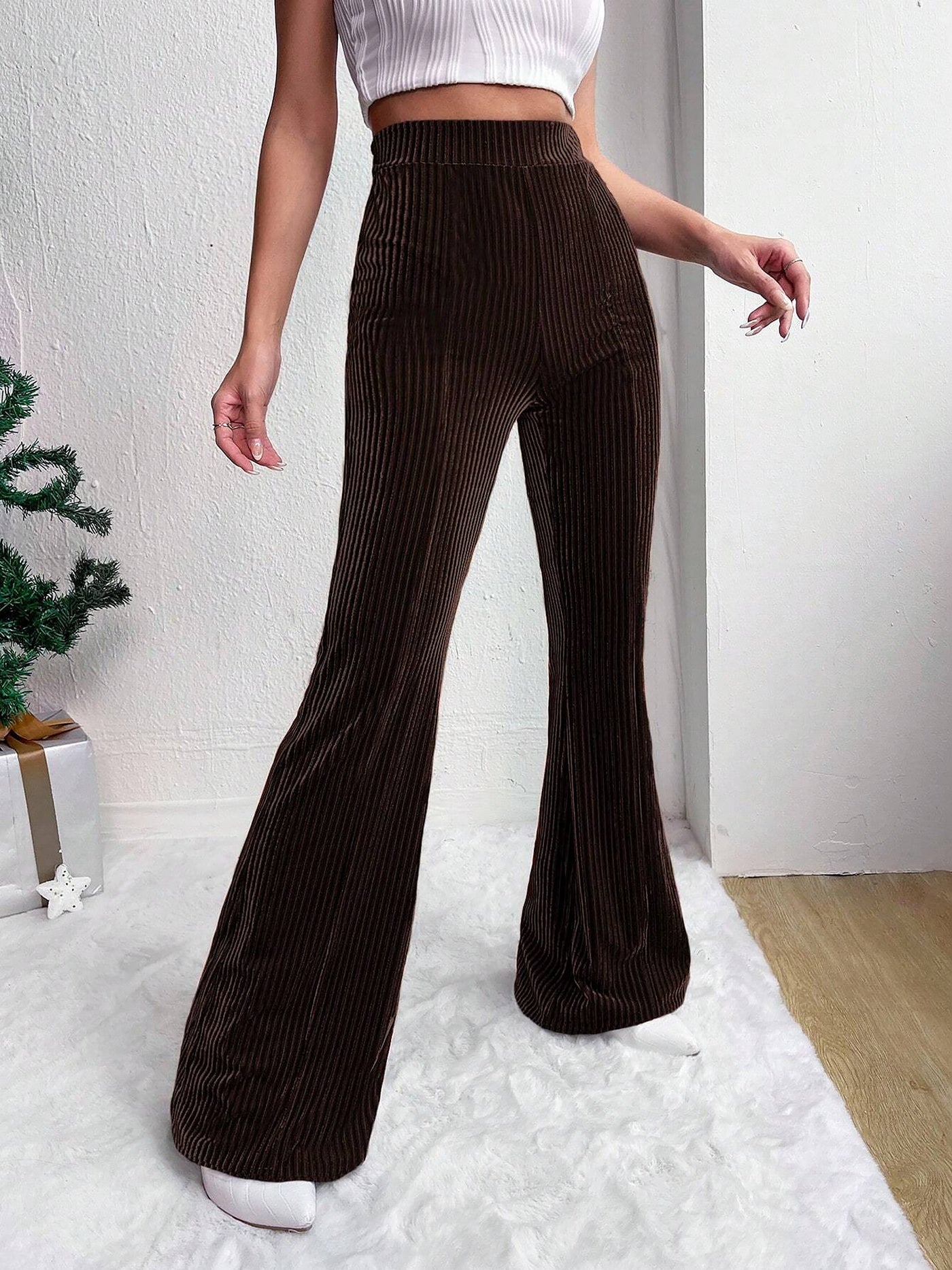 Allegra K Corduroy Solid Color Casual Bell-Bottoms Trousers Pants