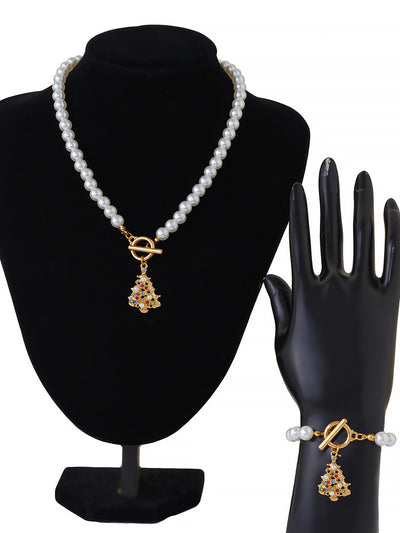 2 Pieces Faux Pearl Christmas Pendant Bracelet & Necklace Set