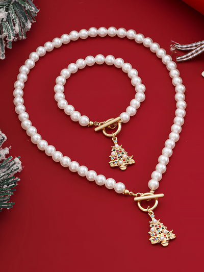 2 Pieces Faux Pearl Christmas Pendant Bracelet & Necklace Set