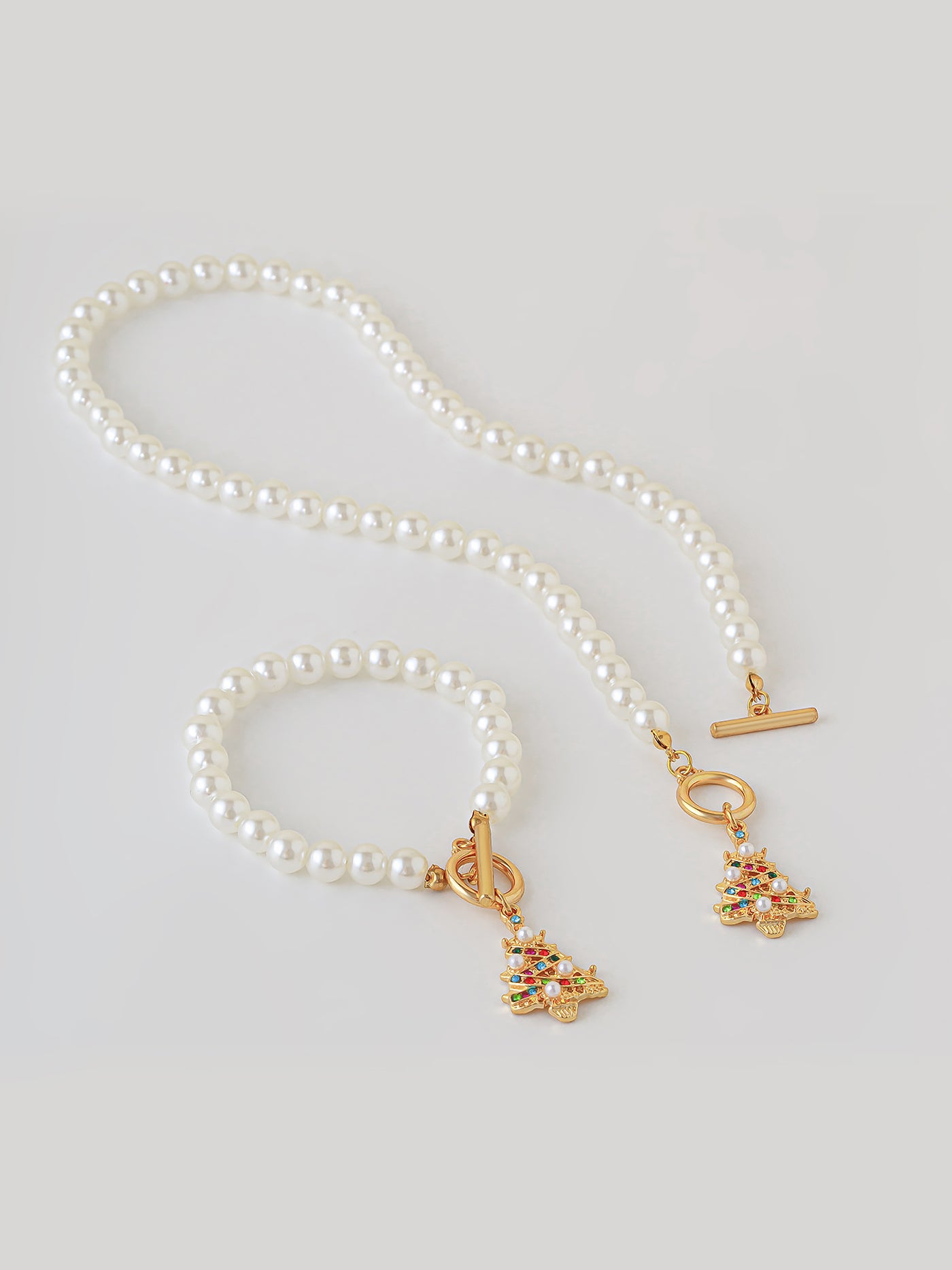 Allegra K 2 Pieces Faux Pearl Christmas Pendant Bracelet & Necklace Set