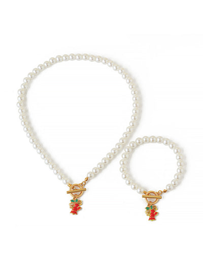 2 Pieces Faux Pearl Christmas Pendant Bracelet & Necklace Set