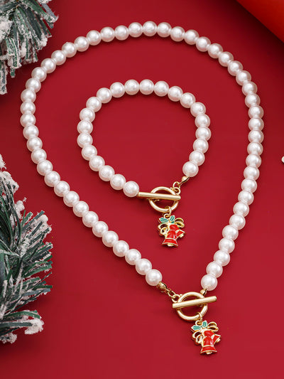 2 Pieces Faux Pearl Christmas Pendant Bracelet & Necklace Set