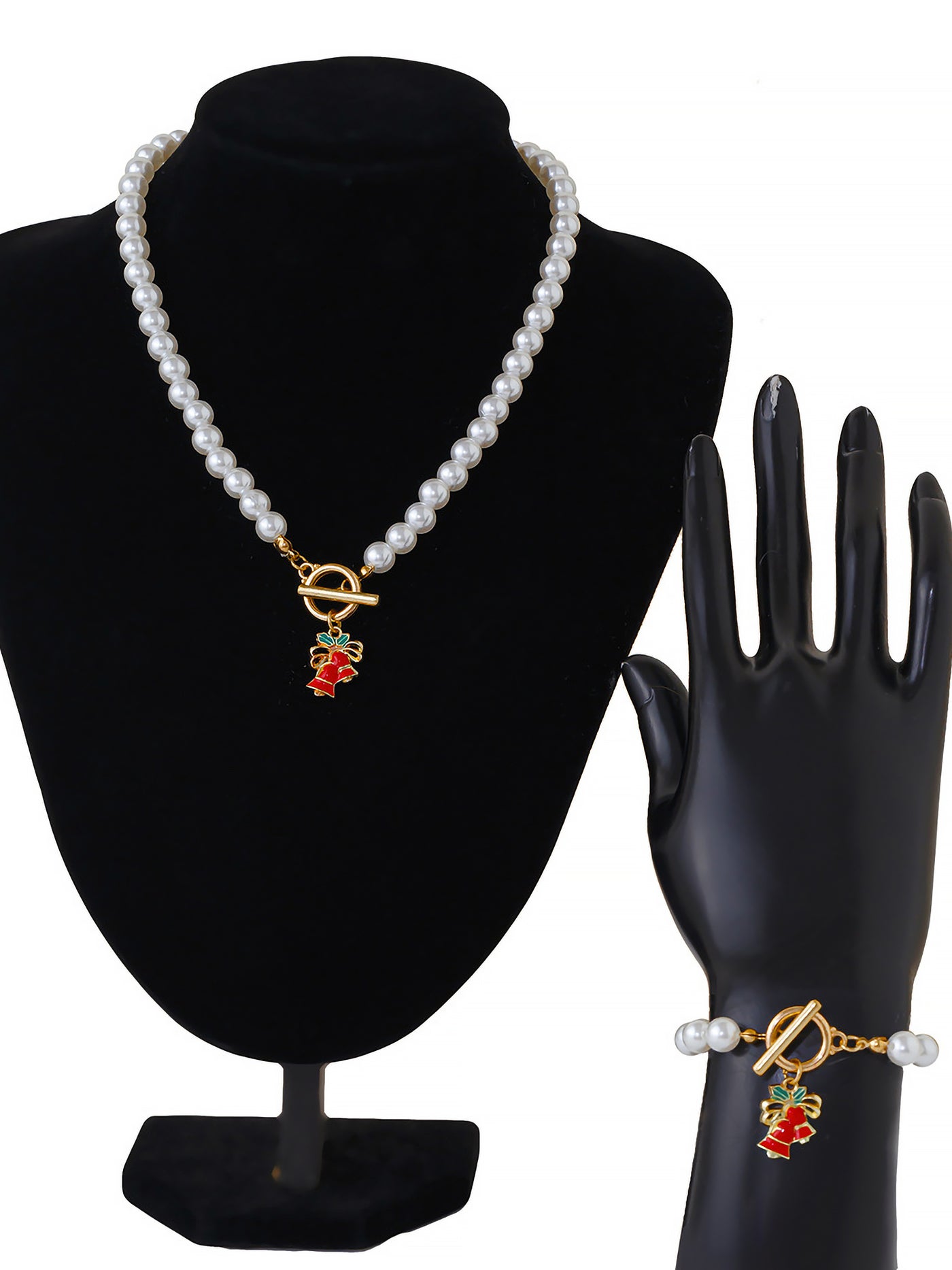 Allegra K 2 Pieces Faux Pearl Christmas Pendant Bracelet & Necklace Set