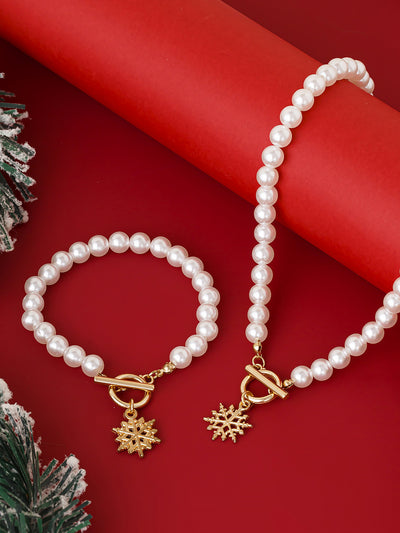 2 Pieces Faux Pearl Christmas Pendant Bracelet & Necklace Set