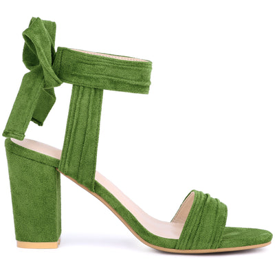 Open Toe Ankle Tie Back Faux Suede Chunky Heel Sandals