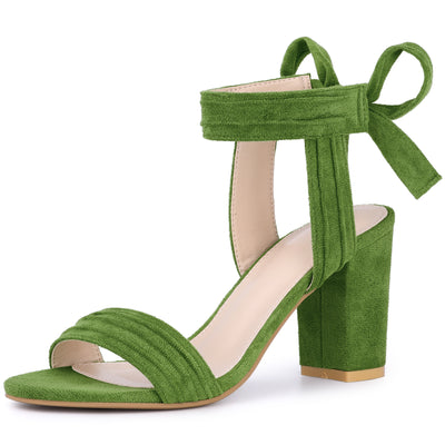 Open Toe Ankle Tie Back Faux Suede Chunky Heel Sandals