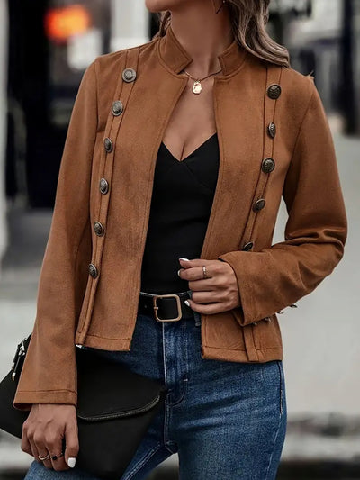 Faux Suede Long Sleeves Button Decor Cropped Jacket