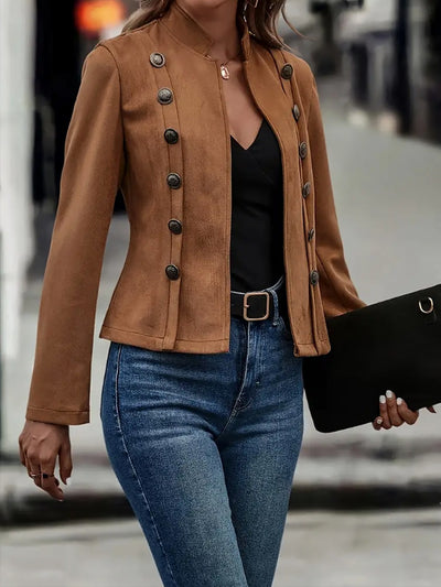 Faux Suede Long Sleeves Button Decor Cropped Jacket